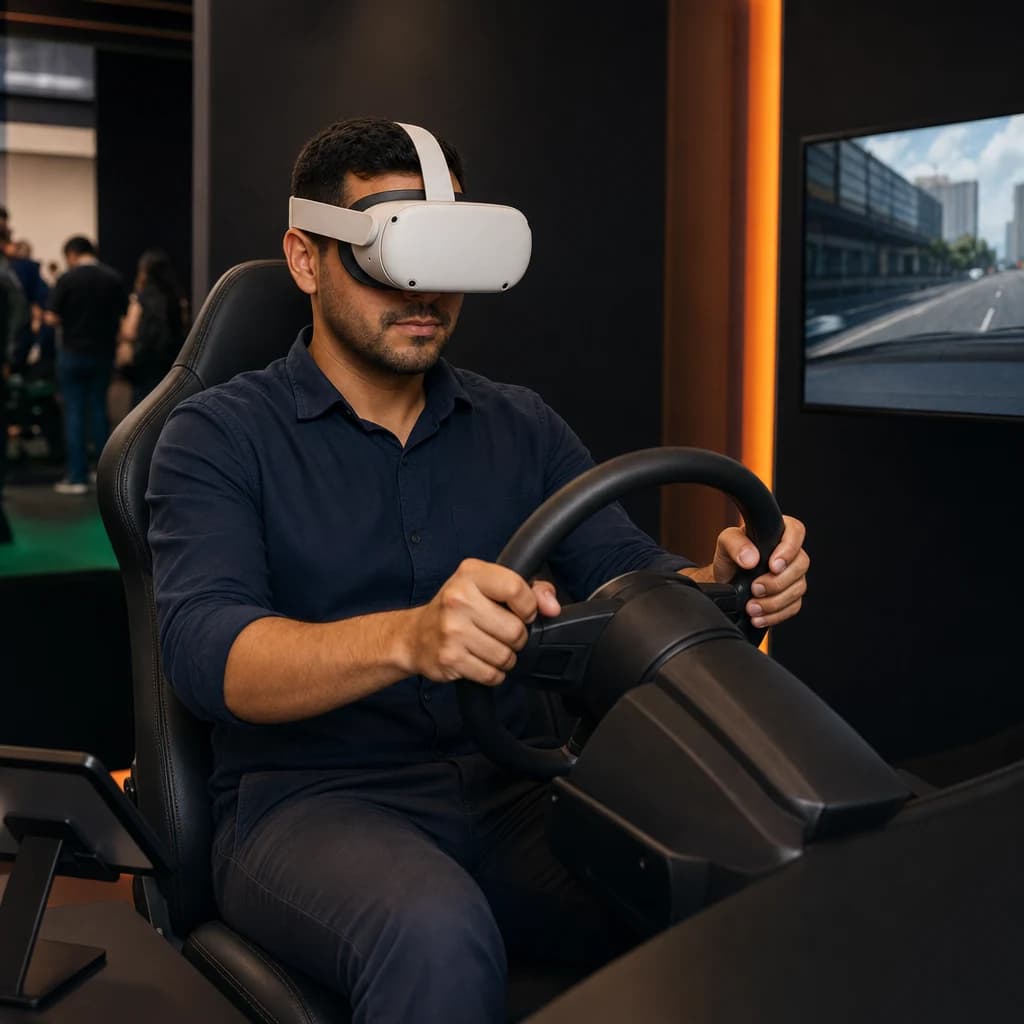Participante usando óculos de realidade virtual no simulador de direção