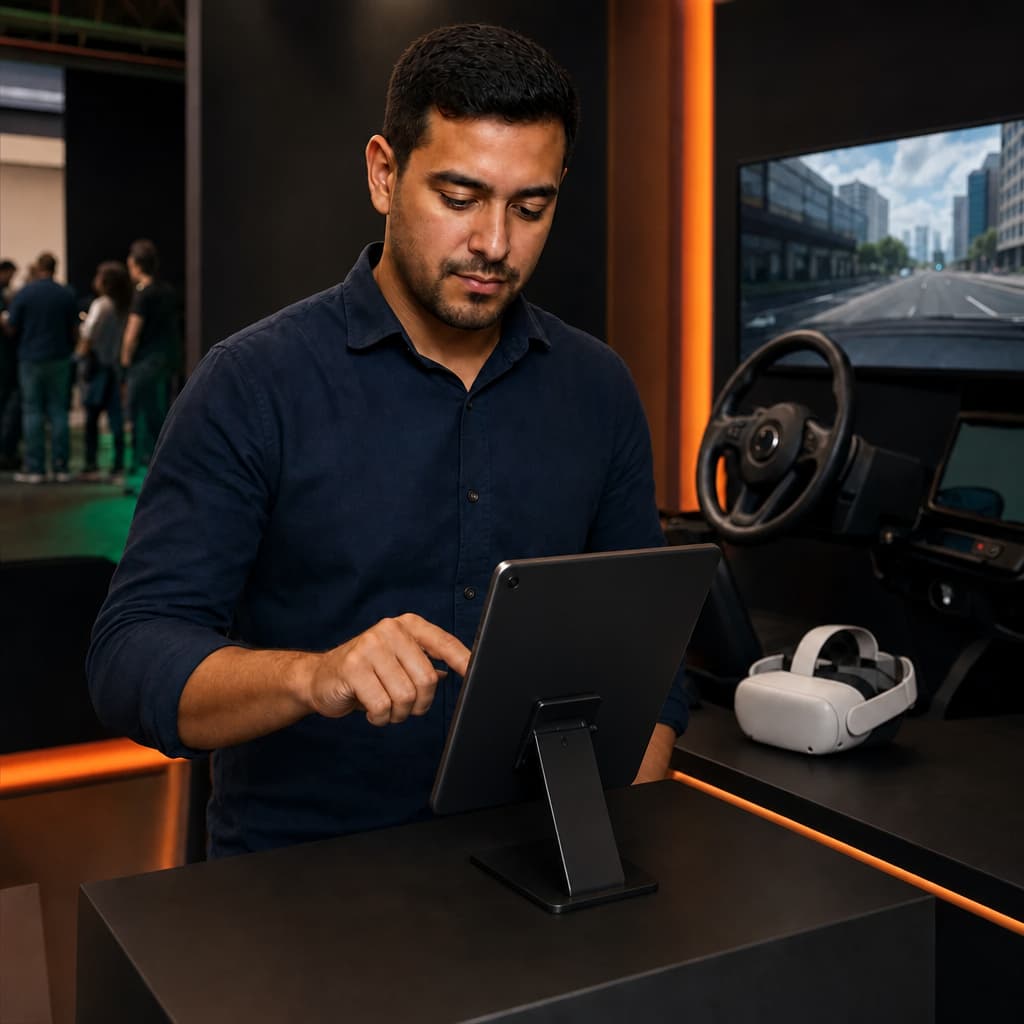 Participante respondendo à pesquisa após a experiência em realidade virtual, com a tela do tablet voltada para ele
