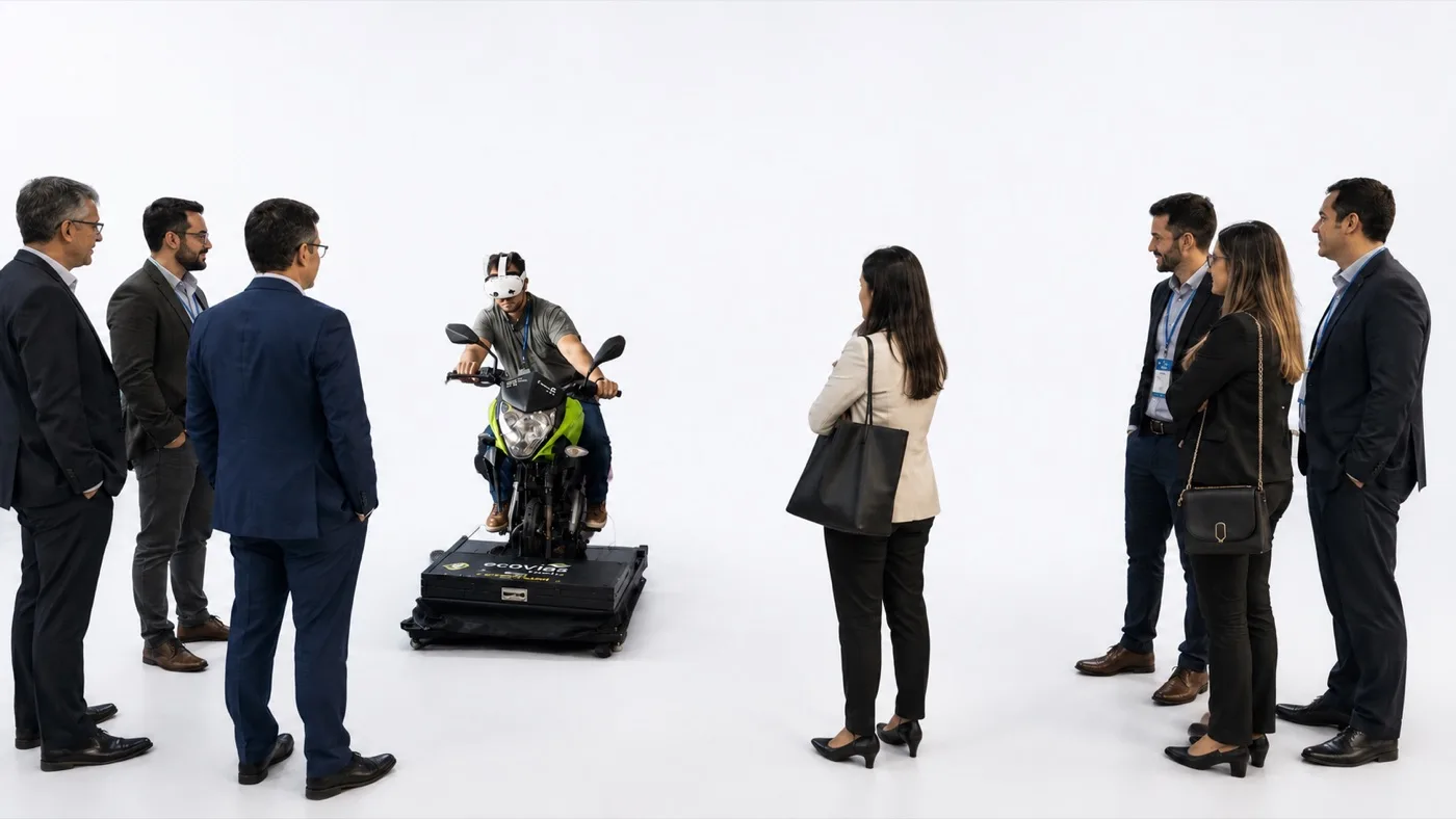 Simulador de moto con realidad virtual presentado a un equipo