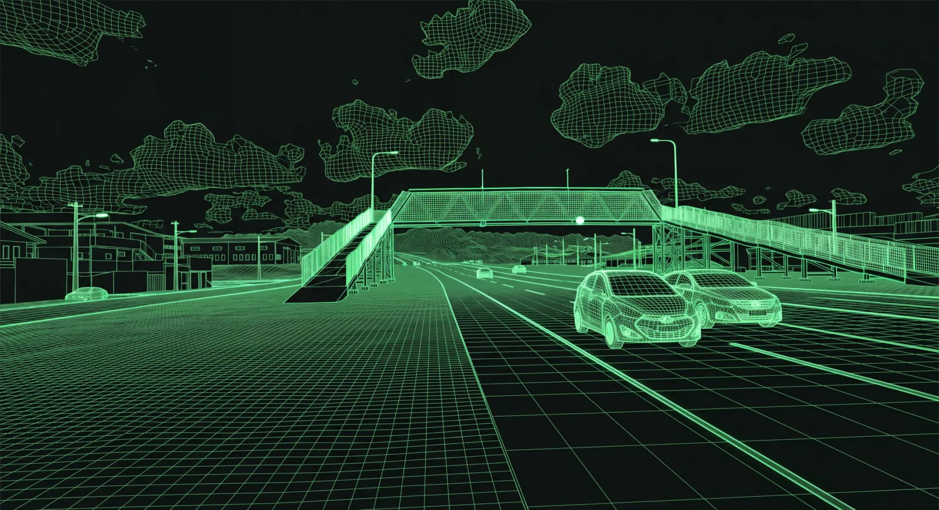 Modelado 3D en wireframe de un tramo de carretera